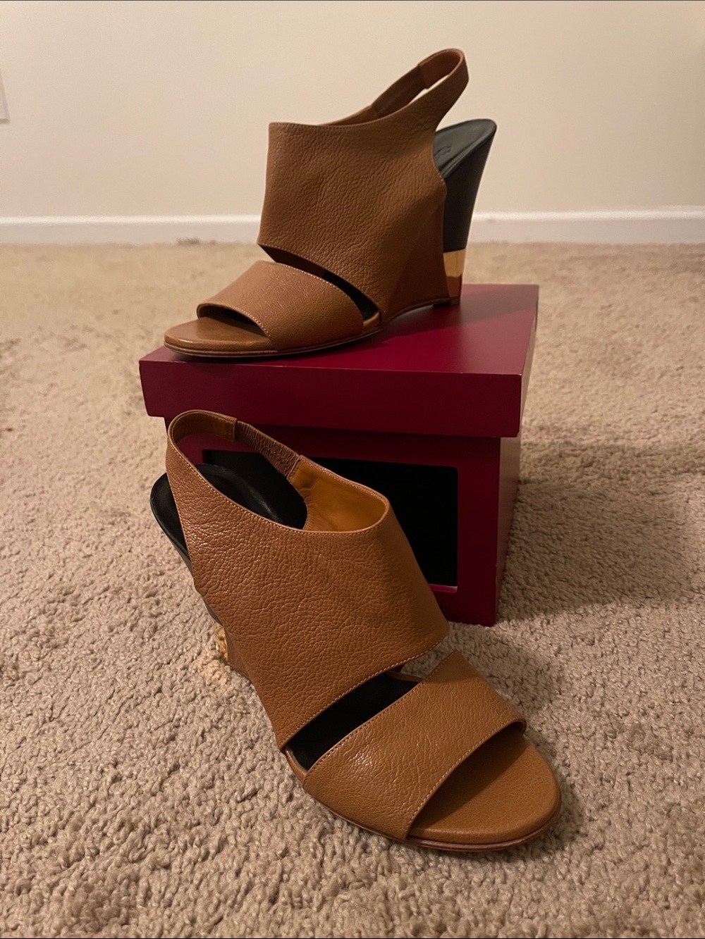 Chloe Brown Leather Open-Toe Wedge Sandals